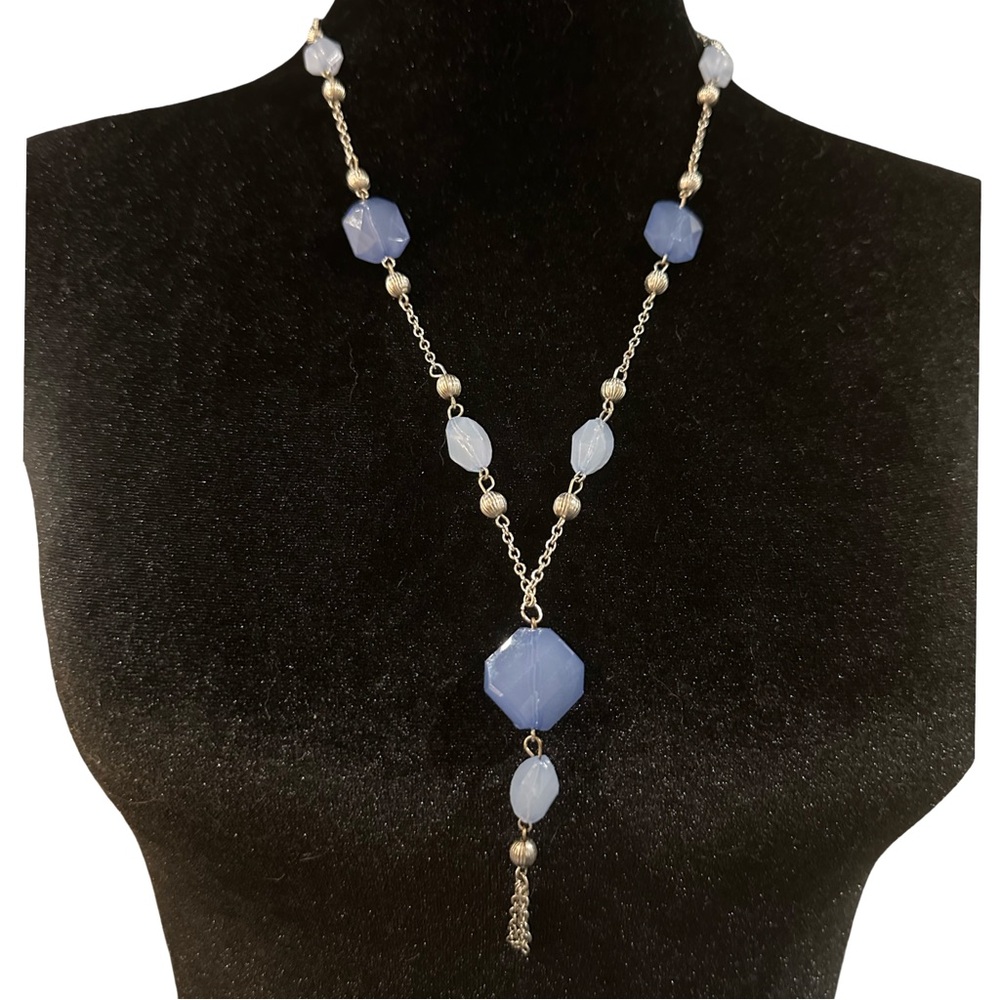 Beaded Necklace Chain Tassel Light Weight 25 Inch Length Silver Tone Blue